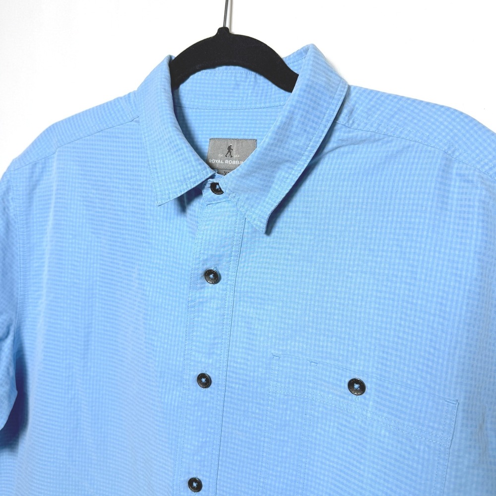 Royal Robbins Mens XL Blue Micro Check Short Sleeve Button Up Shirt ROYCL-S24